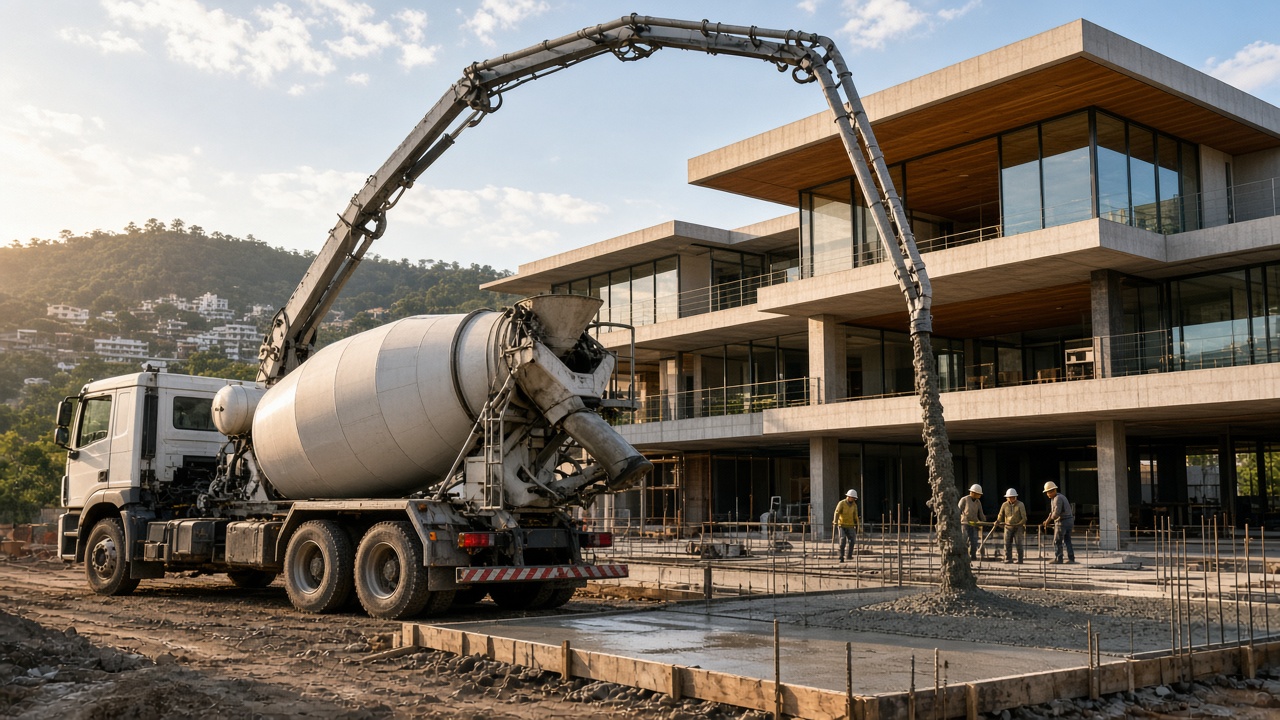 Caminhão betoneira e bomba lança da Construção Mix Concreto realizando concretagem em obra